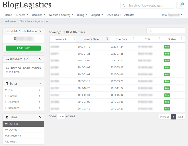 The "My Invoices" Screen